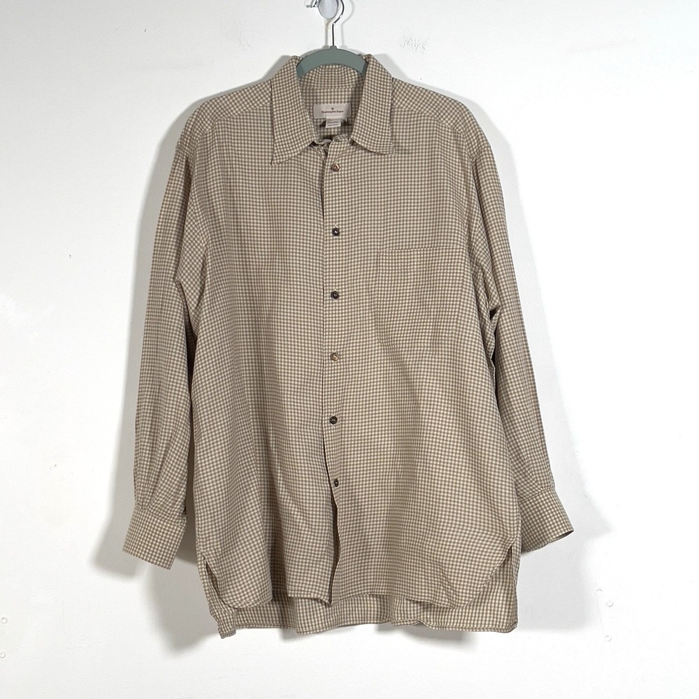 Ermenegildo Zegna Shirt Long Sleeve Button Up Mens XL Beige Check Plaid